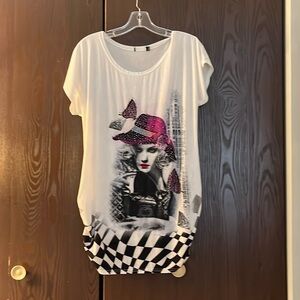 Brand Removed long sheer blouse of a lady and butterfly on the front. Size M/L